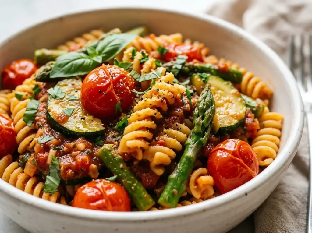 7 Best Vegan Pasta Primavera Recipe Tips for a Perfect Plate 21 Vegan pasta primavera red sauce variation close up with tomato and vegetables