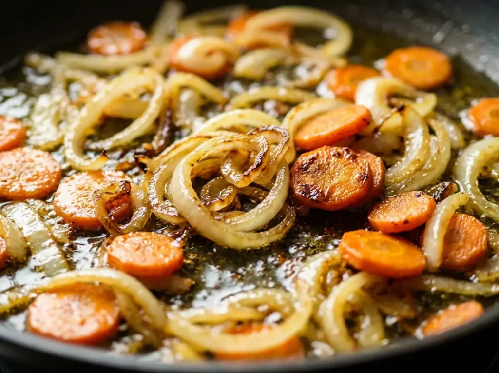 7 Best Vegan Pasta Primavera Recipe Tips for a Perfect Plate 15 Onion and carrot sautéing in olive oil close up for vegan pasta primavera recipe