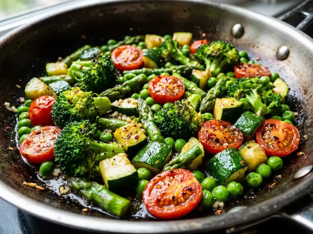 7 Best Vegan Pasta Primavera Recipe Tips for a Perfect Plate 17 Colorful vegetables sautéing in pan close up for vegan pasta primavera recipe