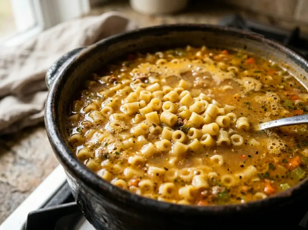 Ditalini pasta cooking in broth close up for creamy pasta recipe
