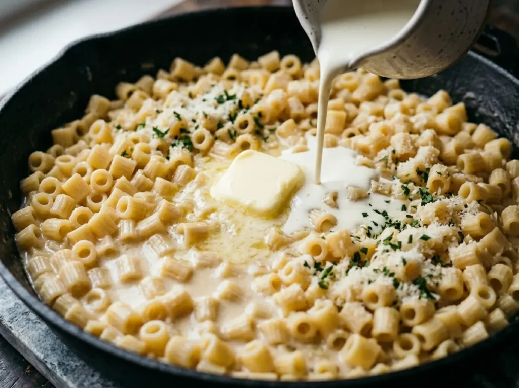 Cream and butter added to ditalini pasta recipe close up in skillet