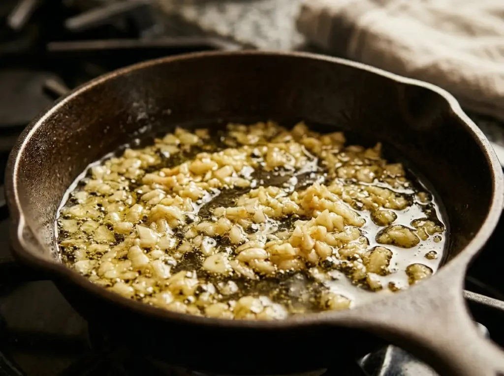 Garlic sizzling in pan for ditalini pasta recipe easy beginner viral
