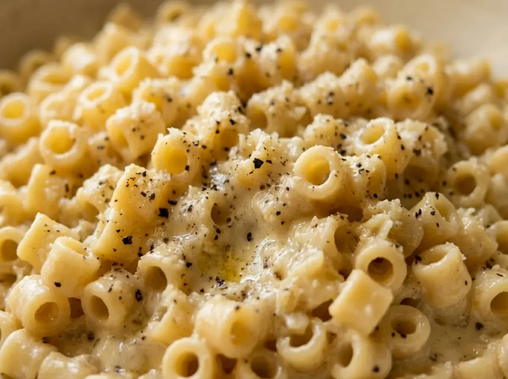 Current image: Close up creamy ditalini pasta recipe easy beginner viral with parmesan and garlic