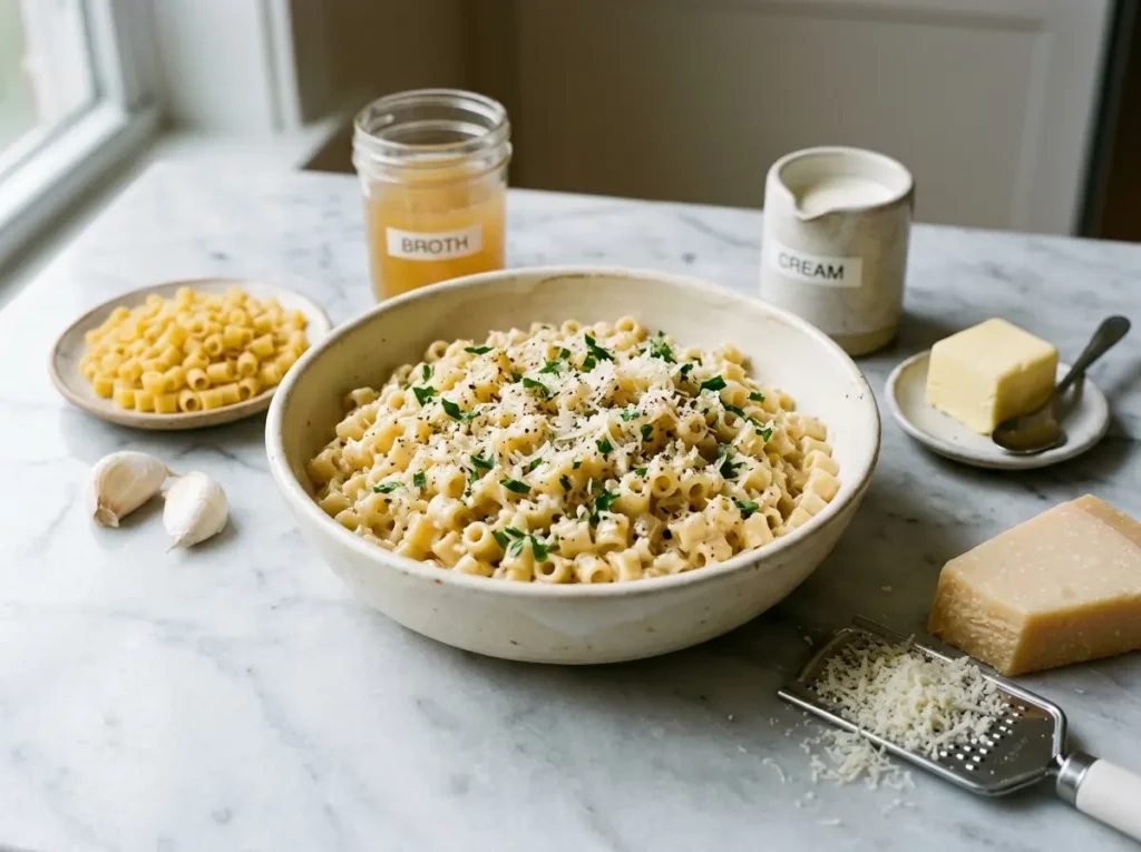 Ditalini pasta recipe easy beginner viral ingredients close up with pasta broth parmesan and garlic