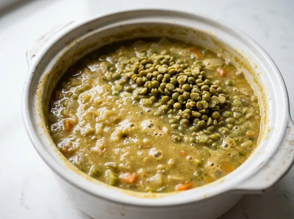 Best Human Kibble Recipe Gluten Free: 5 Easy Versions 16 Green split peas simmering in water in a white ceramic pot until tender and beginning to break down step 2 of the human kibble gluten free recipe