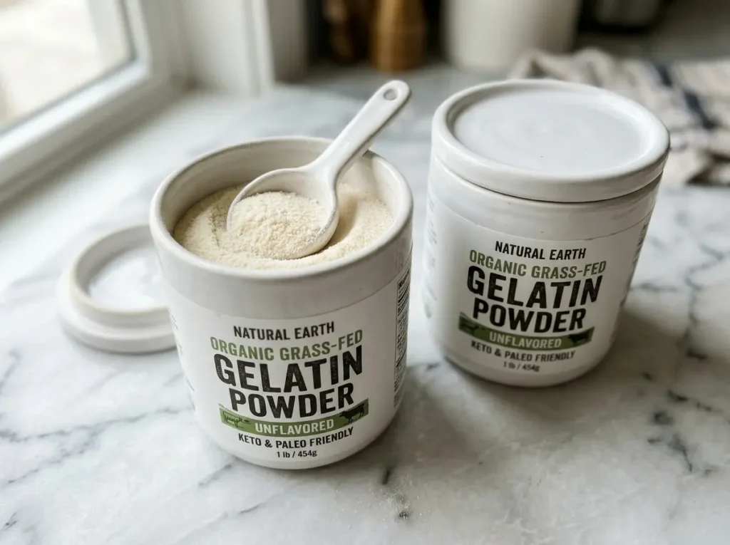 Three jars of the best organic grass-fed gelatin powder brands displayed on a clean white surface with a white ceramic scoop showing the powder texture.