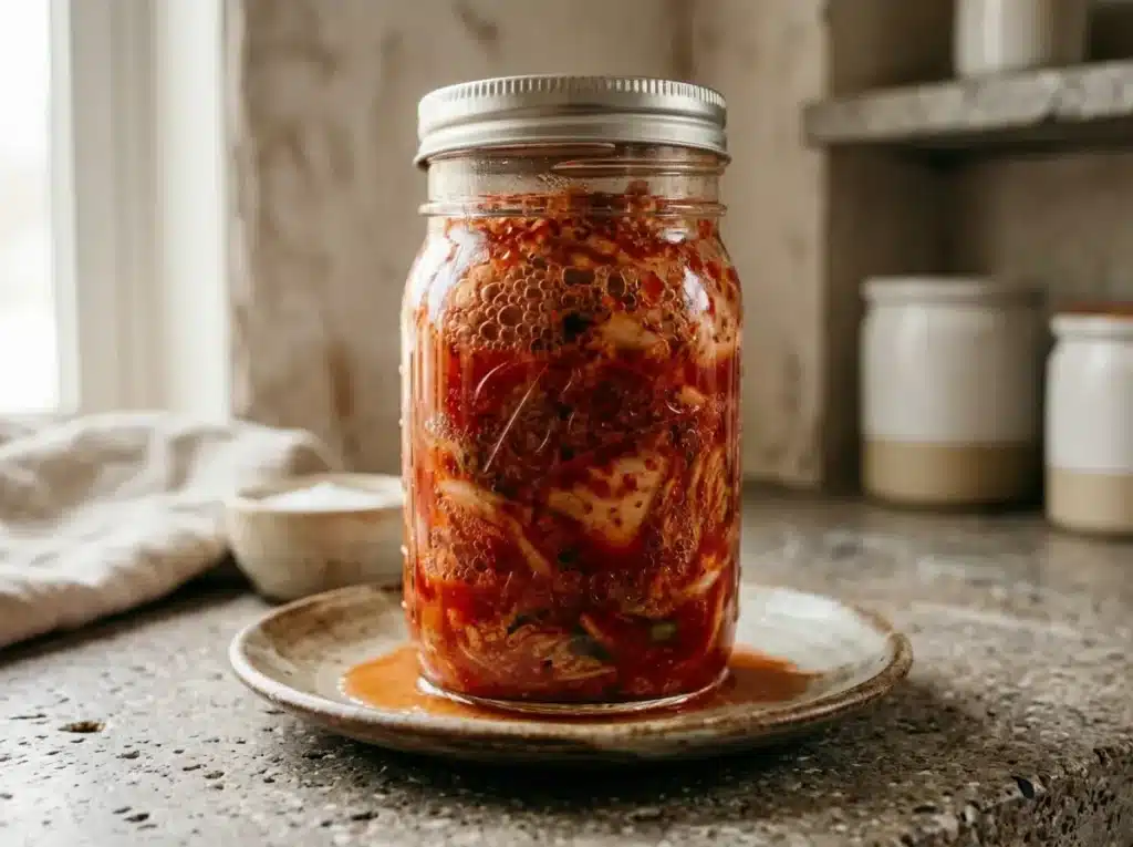 7 Easy Fermented Cabbage Kimchi Recipes Your Family Will Love 19 Fermented cabbage kimchi in sealed mason jar after 2 days of room temperature fermentation with bubbles visible