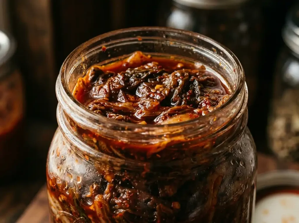7 Easy Fermented Cabbage Kimchi Recipes Your Family Will Love 21 Deeply aged fermented cabbage kimchi mukeunji dark brick red in open mason jar close up