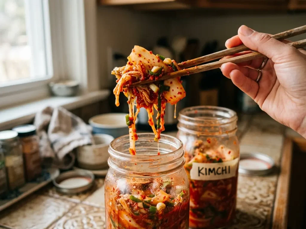 7 Easy Fermented Cabbage Kimchi Recipes Your Family Will Love 22 Woman's hand lifting fermented cabbage kimchi with chopsticks from an open mason jar