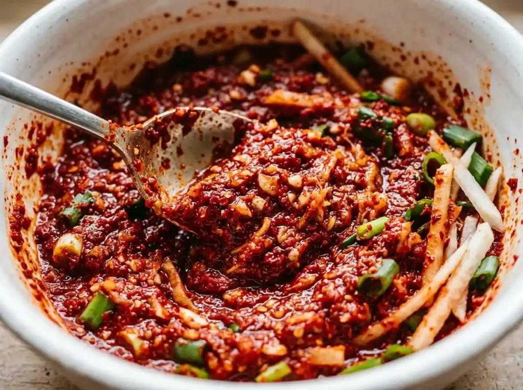 7 Easy Fermented Cabbage Kimchi Recipes Your Family Will Love 16 Deep red gochugaru kimchi paste with garlic ginger and green onions being mixed in a white ceramic bowl