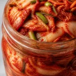 fermented cabbage kimchi bright red napa cabbage kimchi packed in open mason jar close up