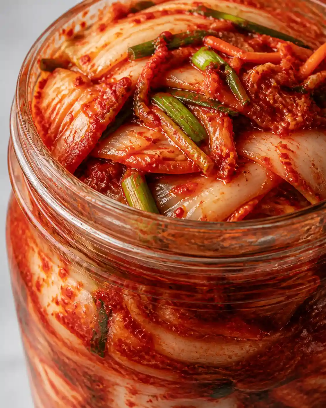 fermented cabbage kimchi bright red napa cabbage kimchi packed in open mason jar close up