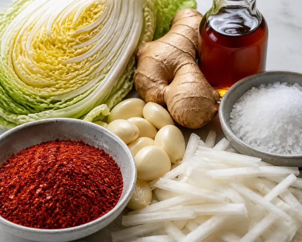 fermented cabbage kimchi ingredients napa cabbage gochugaru garlic ginger fish sauce sea salt arranged close up
