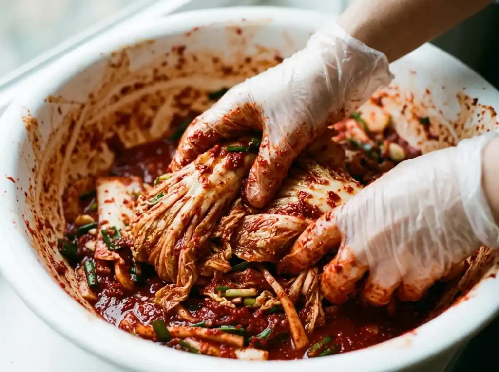 7 Easy Fermented Cabbage Kimchi Recipes Your Family Will Love 17 Hands massaging red gochugaru paste into napa cabbage pieces for fermented cabbage kimchi