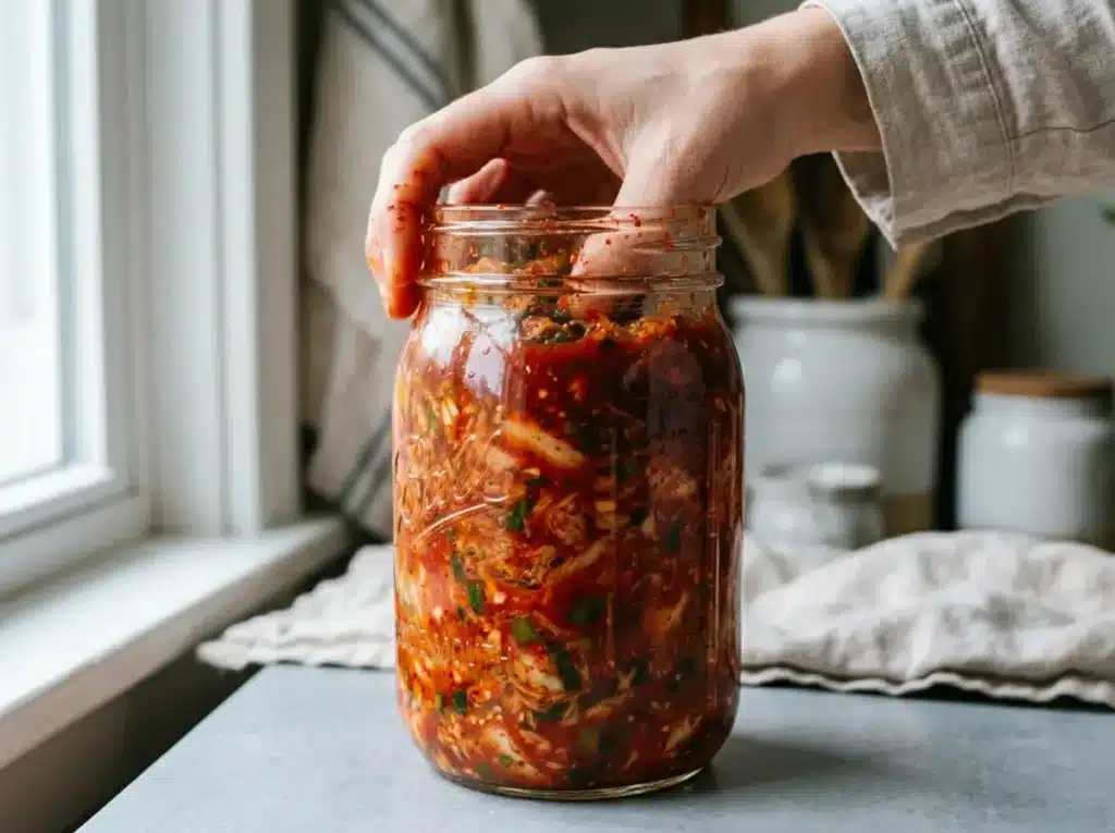 7 Easy Fermented Cabbage Kimchi Recipes Your Family Will Love 18 Bright red fermented cabbage kimchi being packed firmly into a wide mouth quart mason jar