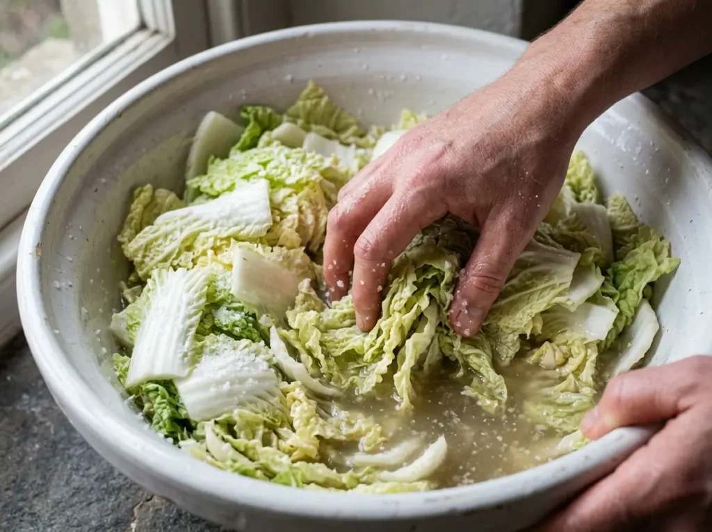 7 Easy Fermented Cabbage Kimchi Recipes Your Family Will Love 15 Napa cabbage pieces salting and wilting in brine for fermented cabbage kimchi step one