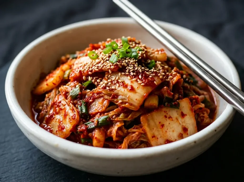 7 Easy Fermented Cabbage Kimchi Recipes Your Family Will Love 20 Small white ceramic bowl of fermented cabbage kimchi served as a side dish with sesame seeds and chopsticks