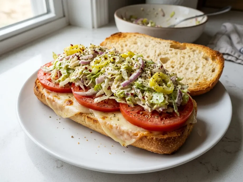 Assembling grinder sandwich recipe with salad piled high over melted cheese and tomatoes