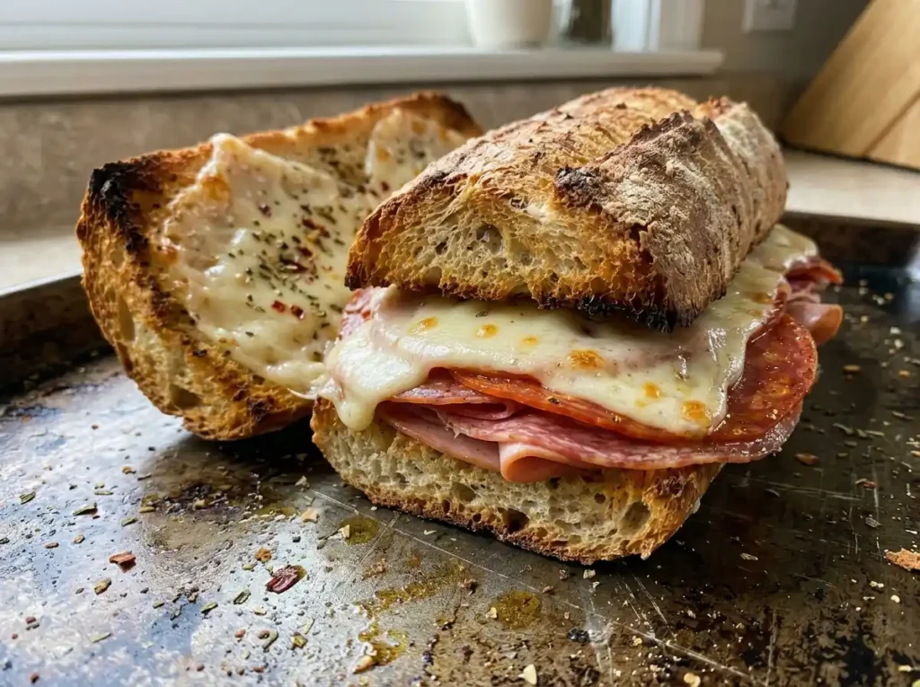 Toasted grinder sandwich recipe bread with provolone cheese and Italian meats close up