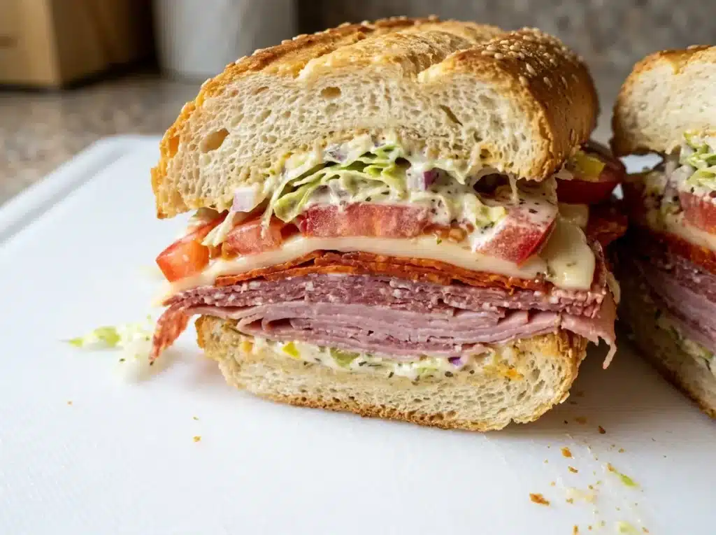 Sliced grinder sandwich recipe cross section with deli layers and salad close up