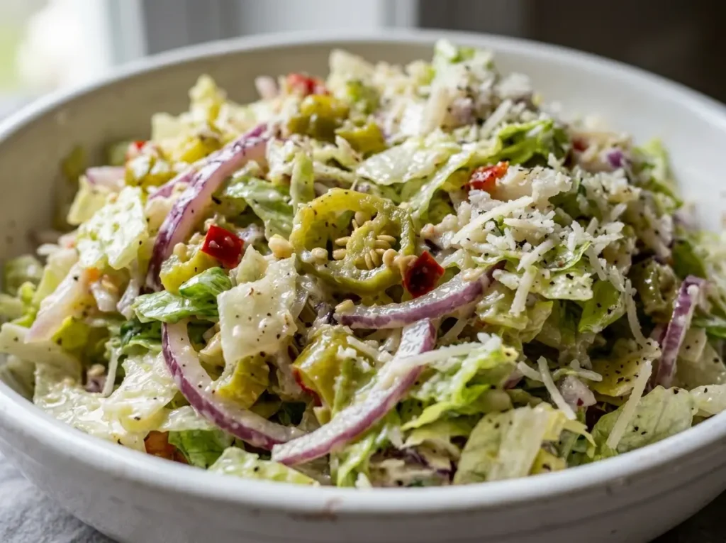 Creamy grinder salad close up with iceberg lettuce, red onion, pepperoncini, and dressing