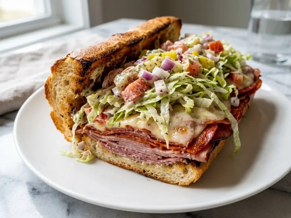 Current image: grinder sandwich recipe with toasted bread, layered Italian meats, melted provolone, and creamy grinder salad