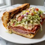 grinder sandwich recipe with toasted bread, layered Italian meats, melted provolone, and creamy grinder salad