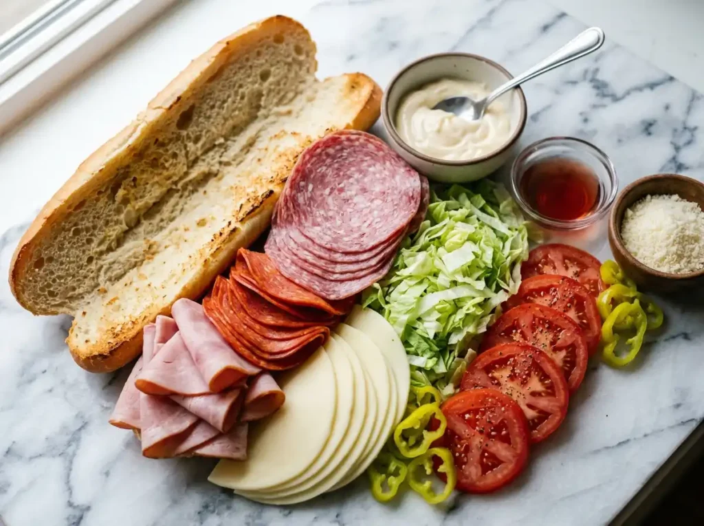 Grinder sandwich recipe ingredients laid out close up with hoagie roll, deli meats, provolone, lettuce, tomato, and pepperoncini