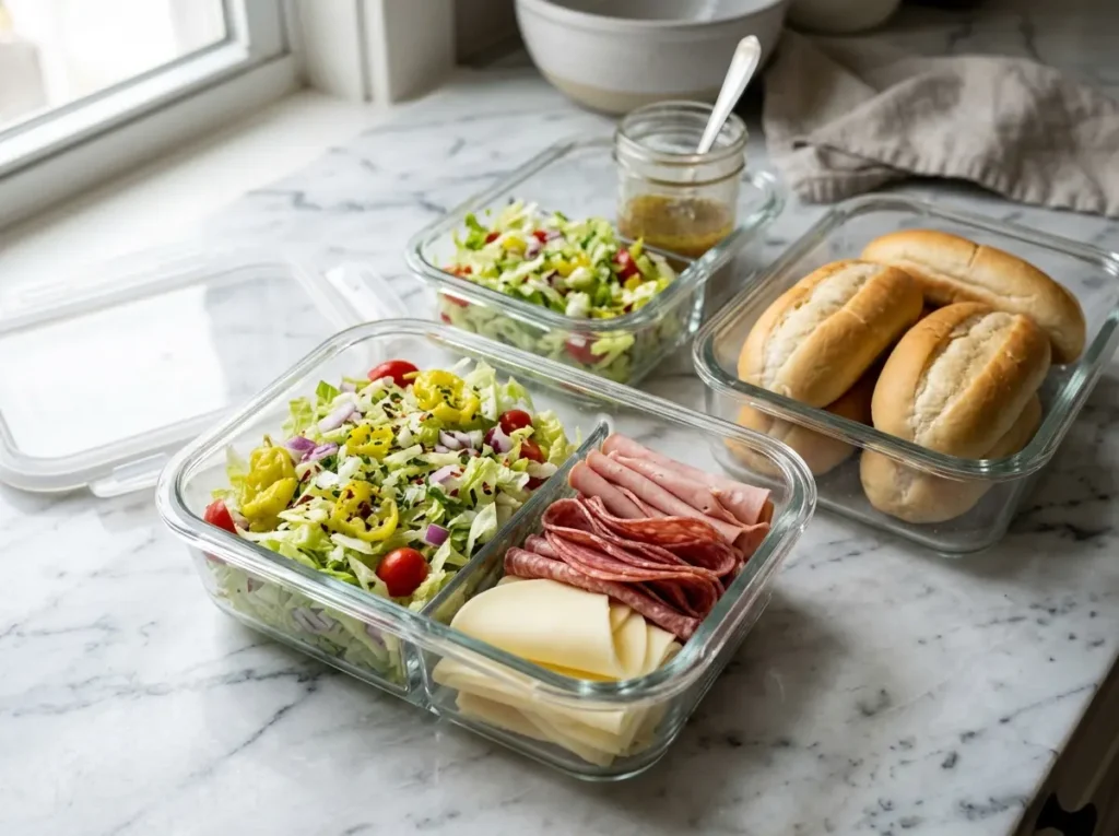 Meal prep grinder sandwich recipe ingredients stored separately in containers close up