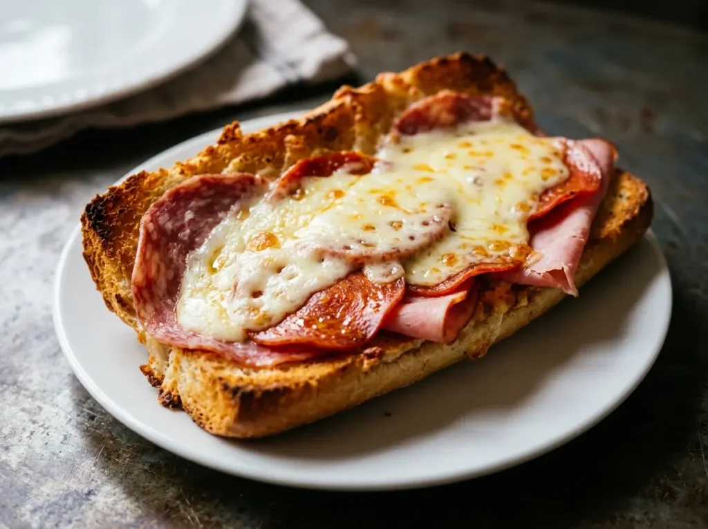 Melted provolone on grinder sandwich recipe with warm meats on toasted bread close up