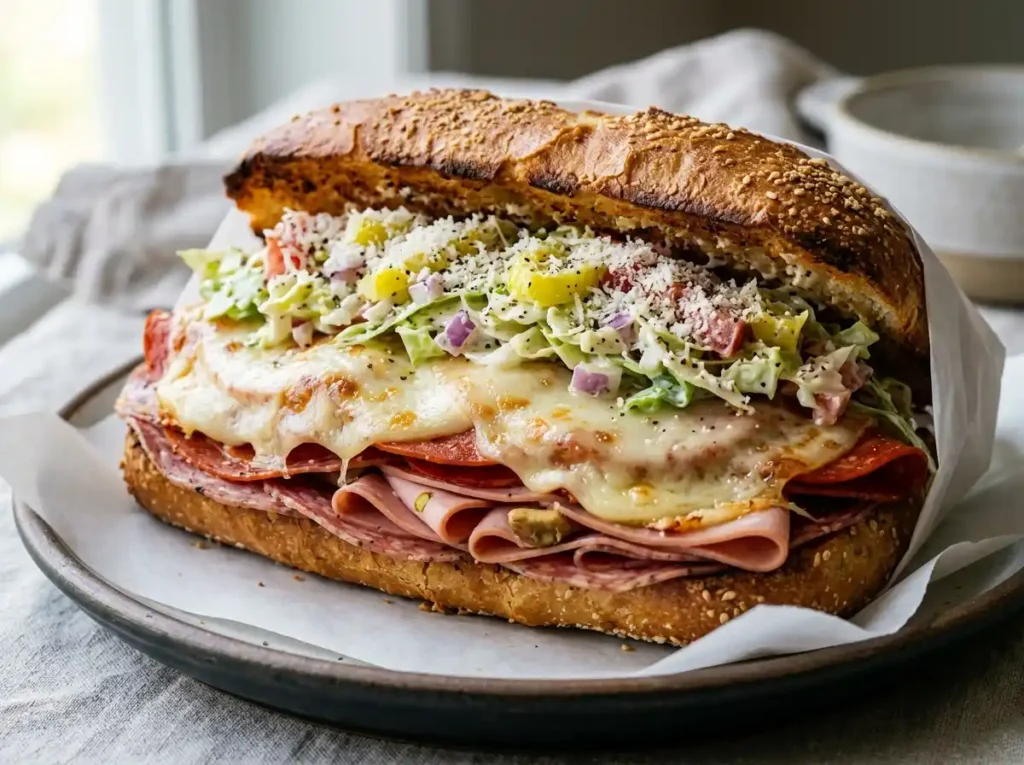 Finished grinder sandwich recipe with toasted bread, Italian meats, and creamy salad close up