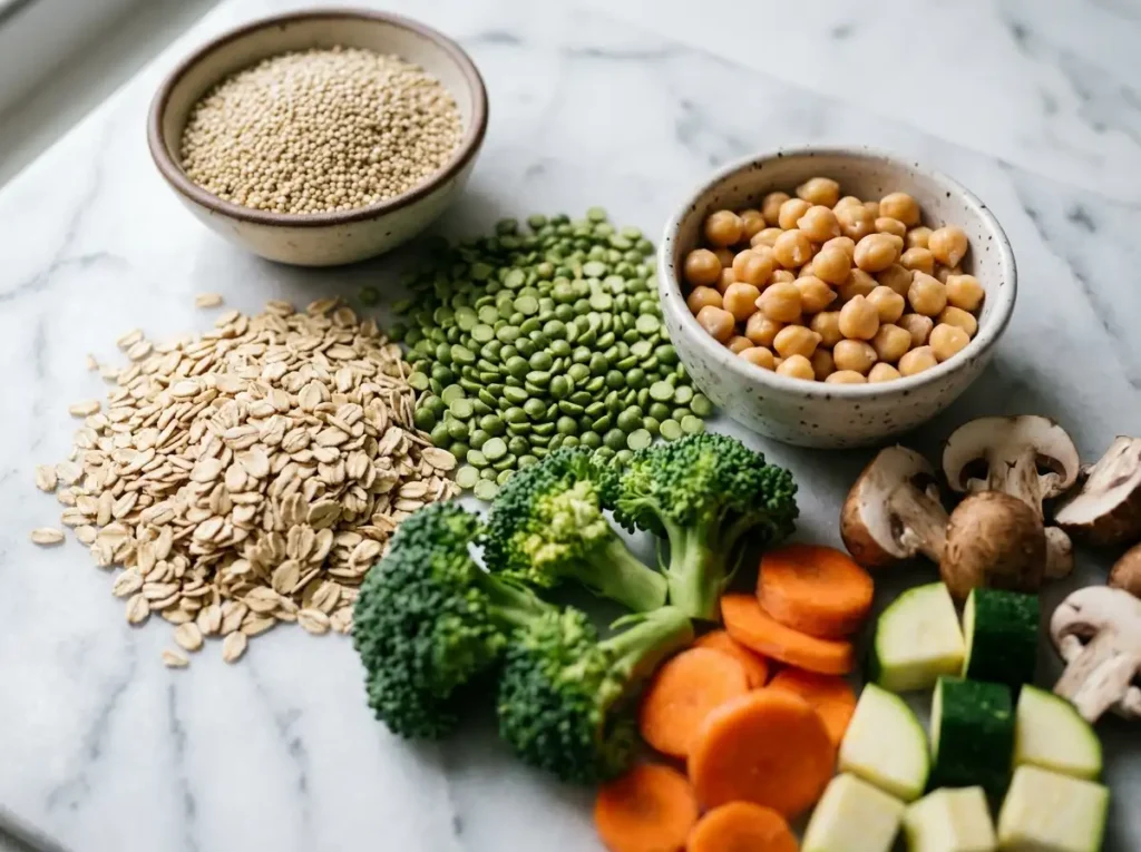 Best Human Kibble Recipe Gluten Free: 5 Easy Versions 13 Flat lay of human kibble recipe gluten free ingredients including quinoa, green lentils, broccoli, carrots, certified gluten-free oats, and chickpeas on a clean white surface.
