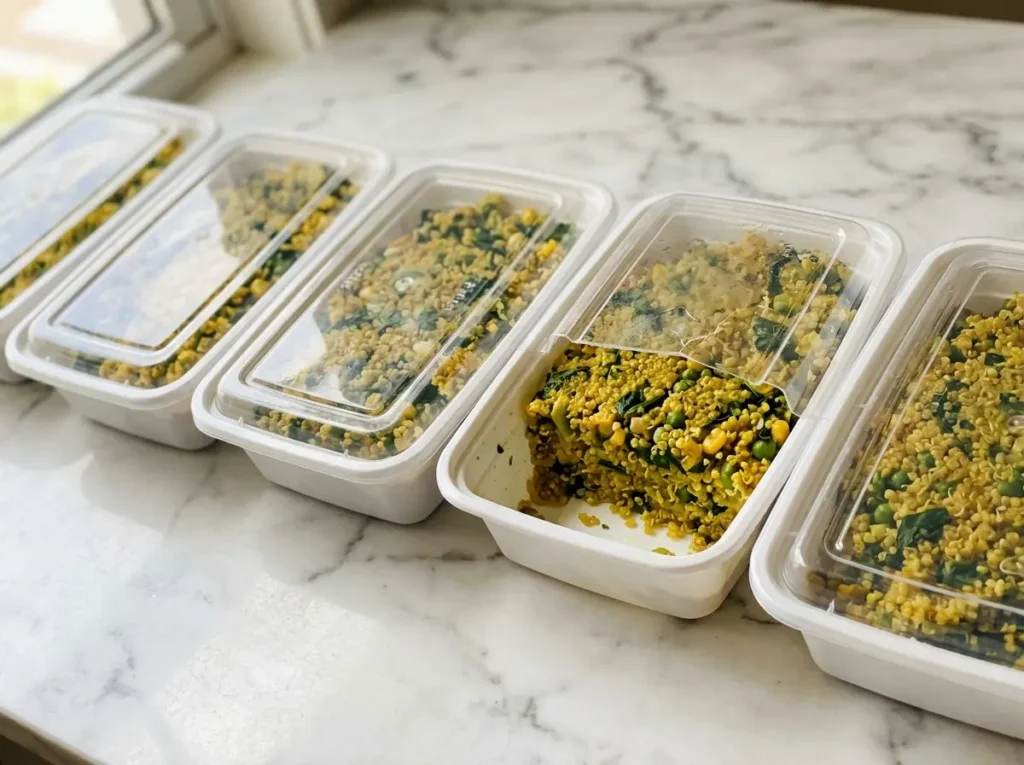 Best Human Kibble Recipe Gluten Free: 5 Easy Versions 21 Five white meal prep containers of human kibble recipe gluten free lined up on a clean white surface showing the complete week of portioned meals ready for the refrigerator.