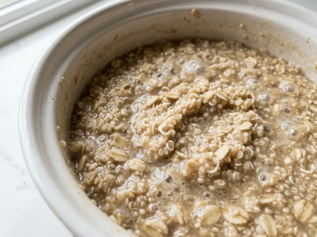 Best Human Kibble Recipe Gluten Free: 5 Easy Versions 15 Quinoa and certified gluten-free oats simmering together in a white ceramic pot, step 1 of the human kibble recipe gluten free preparation.
