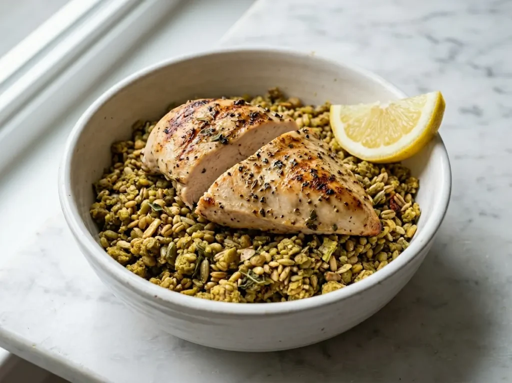 Best Human Kibble Recipe Gluten Free: 5 Easy Versions 20 Human kibble recipe gluten free served in a white ceramic bowl topped with sliced grilled chicken breast and fresh lemon wedge, high-protein kibble diet plan version.
