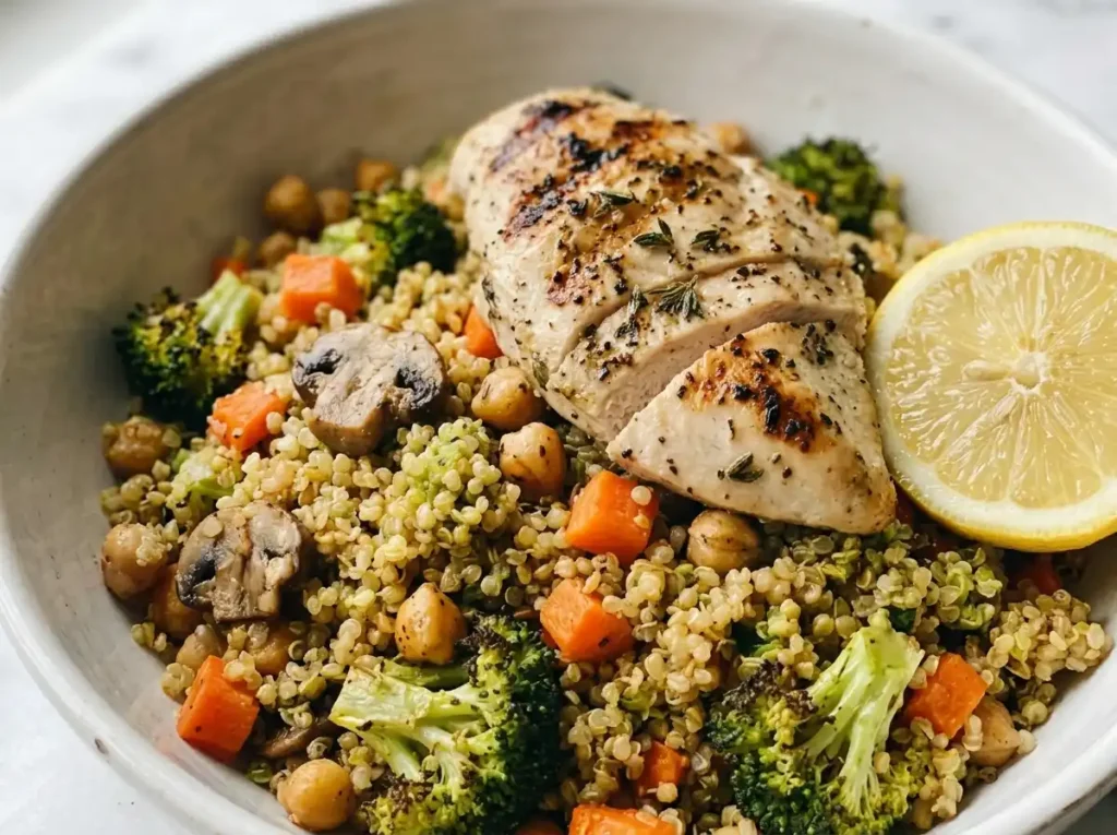 Best Human Kibble Recipe Gluten Free: 5 Easy Versions 12 Current image: Human kibble recipe gluten free in a white ceramic bowl with quinoa, broccoli, carrots, chickpeas, and mushrooms on a clean white surface, close-up shot.