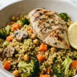 Best Human Kibble Recipe Gluten Free: 5 Easy Versions 14 Human kibble recipe gluten free in a white ceramic bowl with quinoa, broccoli, carrots, chickpeas, and mushrooms on a clean white surface, close-up shot.