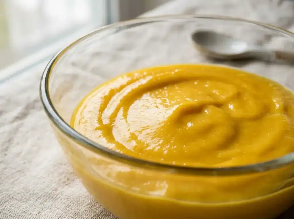 Blended mango cream base close up for mango sago recipe