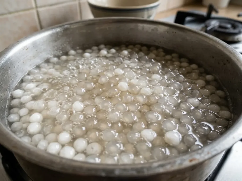 Tapioca pearls cooking close up for mango sago recipe in a pot