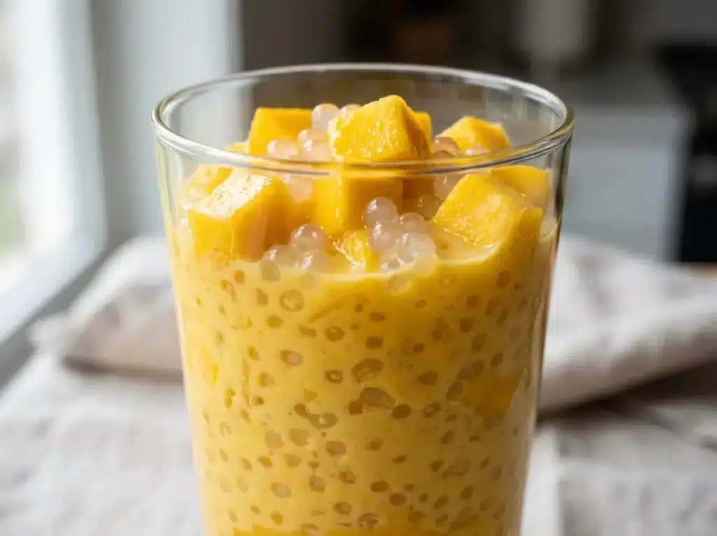 Finished mango sago recipe in close up with creamy mango and tapioca pearls