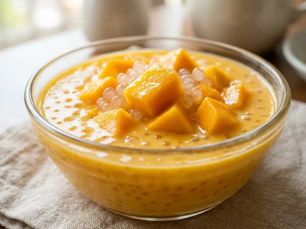 Current image: Close up mango sago recipe in a glass bowl with creamy mango base and tapioca pearls