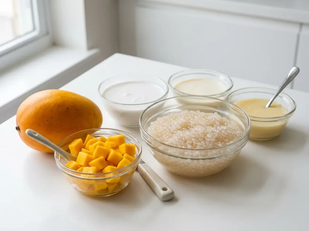 Mango sago recipe ingredients close up with mangoes coconut milk tapioca pearls and condensed milk