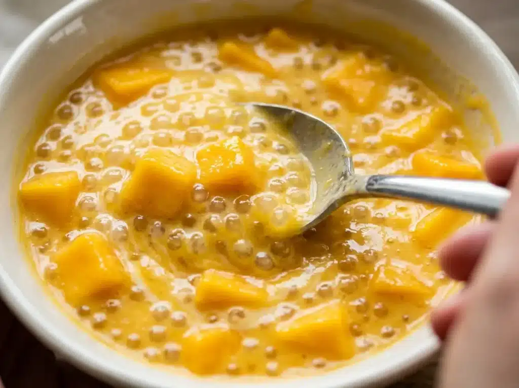 Mango sago recipe being mixed with tapioca pearls and mango chunks close up