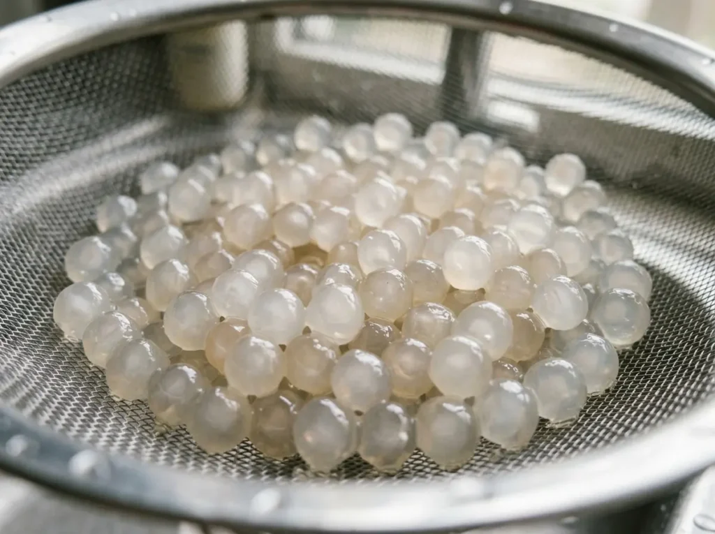  Rinsed tapioca pearls close up for mango sago recipe in a strainer