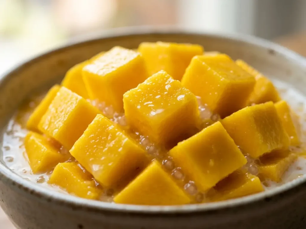 Ripe mango close up for mango sago recipe with bright golden fruit texture