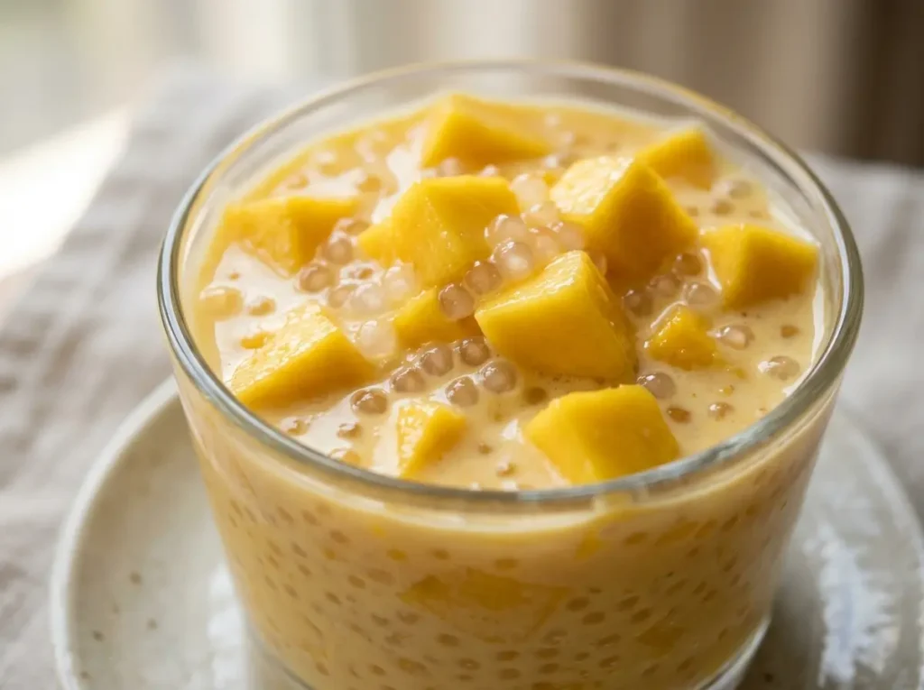 Mango sago recipe served in dessert cups with mango cubes close up