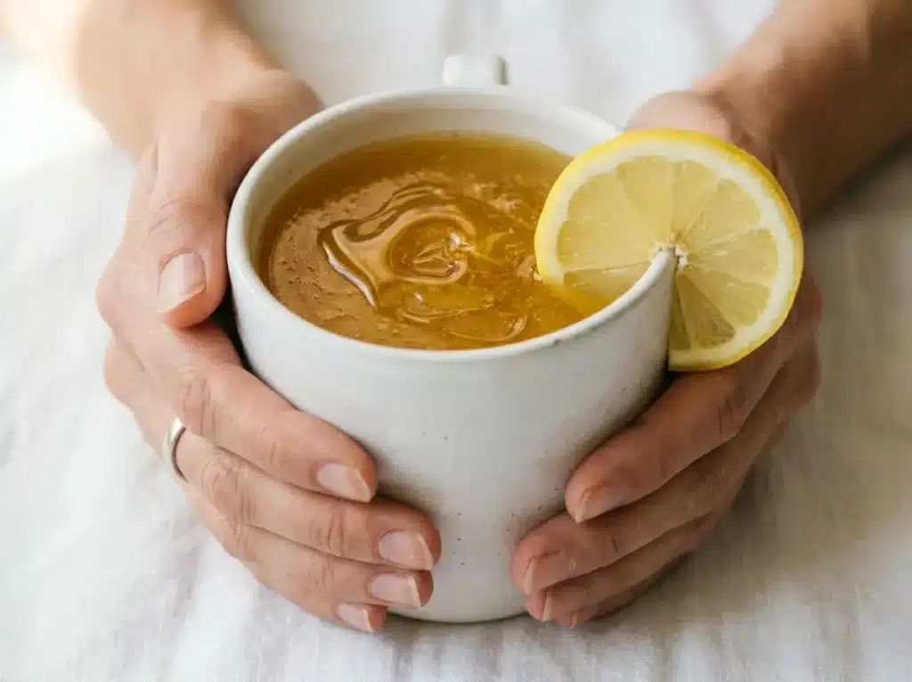 Warm organic gelatin wellness drink in a white ceramic mug with honey and lemon, representing the daily health benefits of organic gelatin for gut and skin health.
