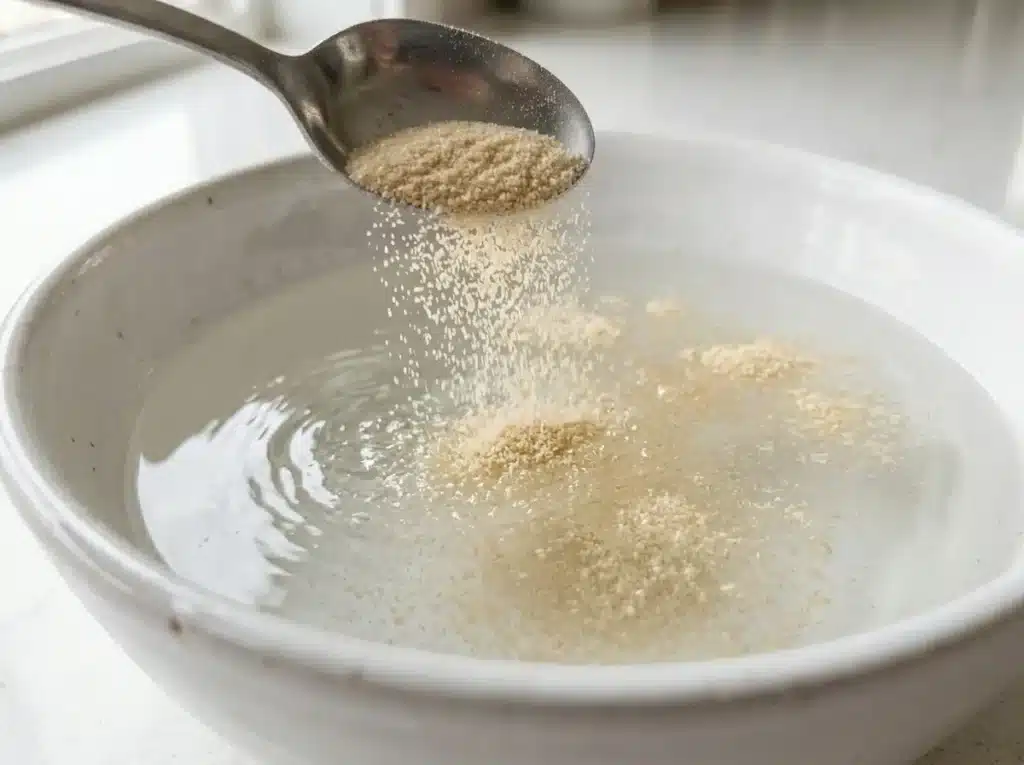 Organic gelatin powder sprinkled over cold water in a white bowl, blooming process beginning, step 1 of the organic gelatin recipe.