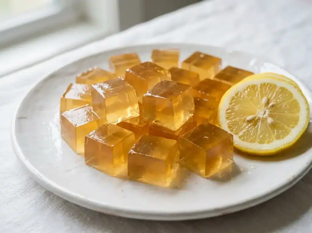 Perfectly set organic gelatin cubes on a white plate, golden and translucent with a firm wobble, ready to serve as a daily wellness snack.
