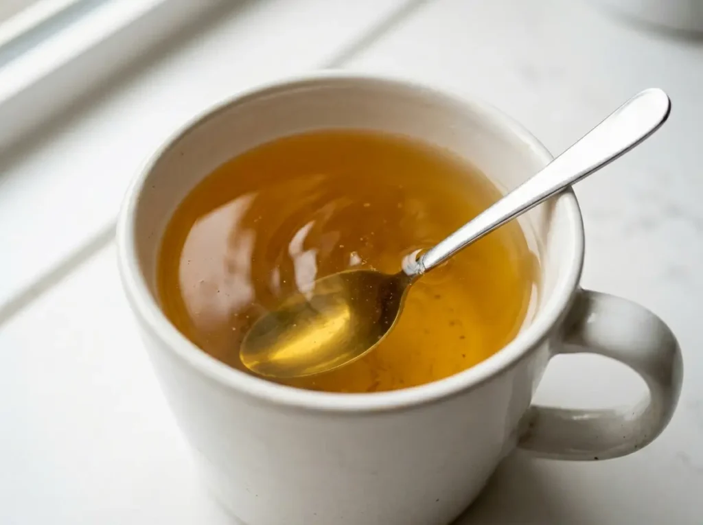 Organic gelatin dissolving completely in warm herbal tea inside a white ceramic mug, clear liquid with no granules visible, step 2 of the organic gelatin recipe.